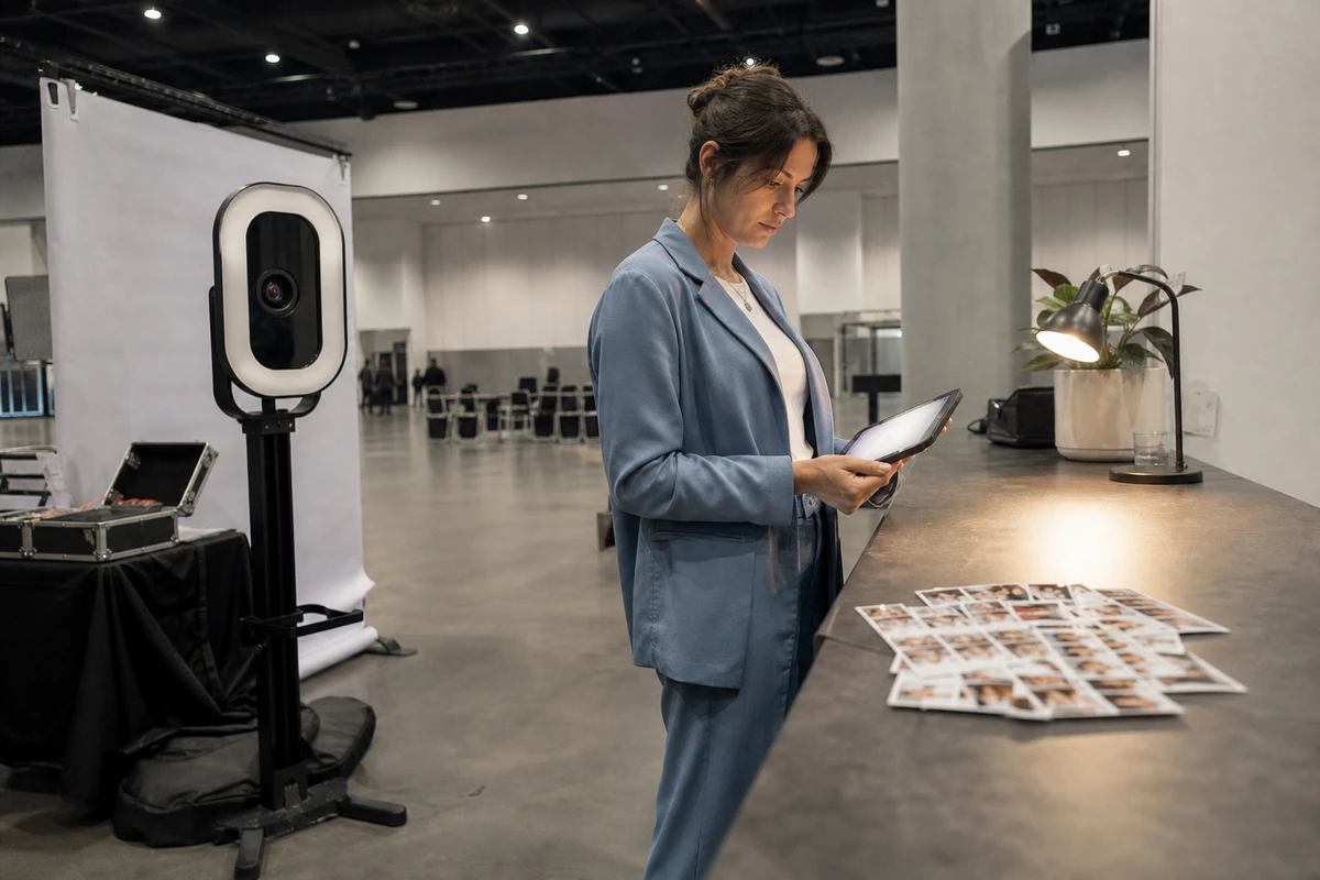 An events manager reviewing activation results on a tablet at a quiet conference venue counter after a trade-show photo-booth activation.