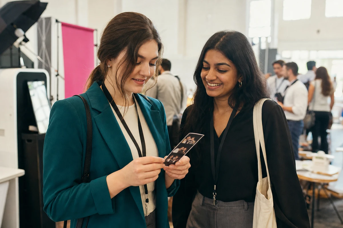 A career fair candidate holds a freshly printed branded photo strip and turns to show it to a friend standing beside them.