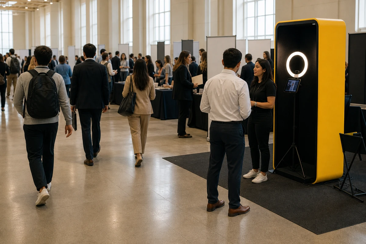 Wide view of a corporate career fair with a branded photo station placed in its own open activation footprint at the end of an exhibitor row, clear of the main walkway.