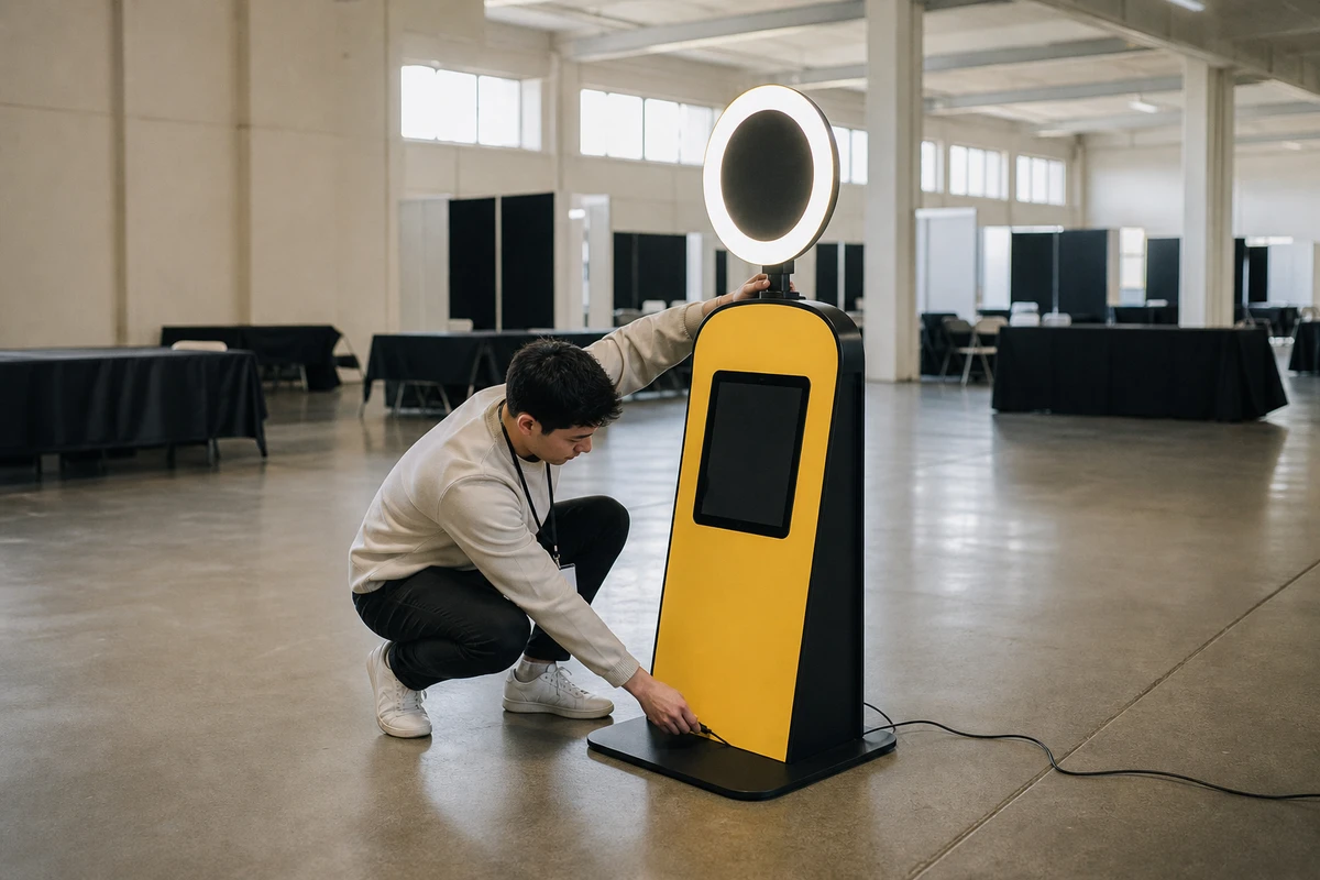An activation operator adjusts the ring light and tucks cables on a branded photo station in an empty career fair hall before doors open.