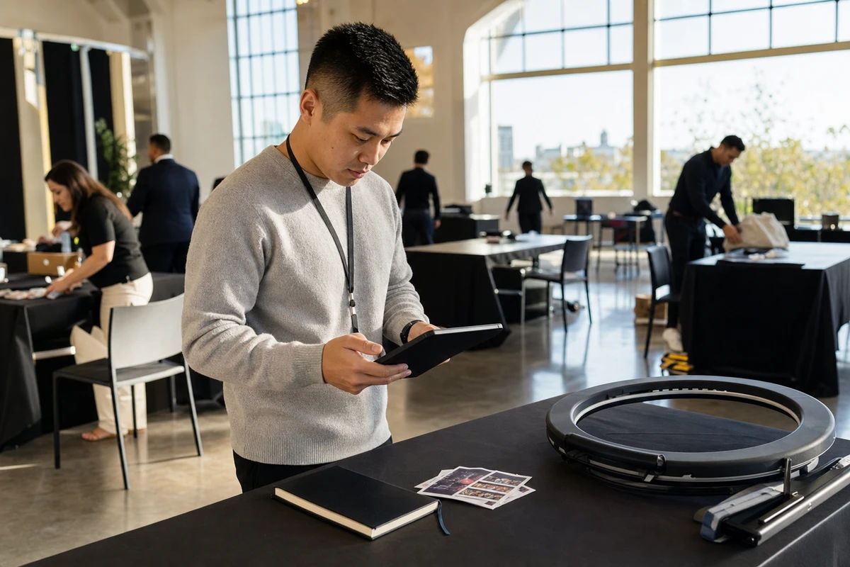 An HR activation operator reviews the day's results on a tablet beside a stack of printed photo strips as a career fair packs down.