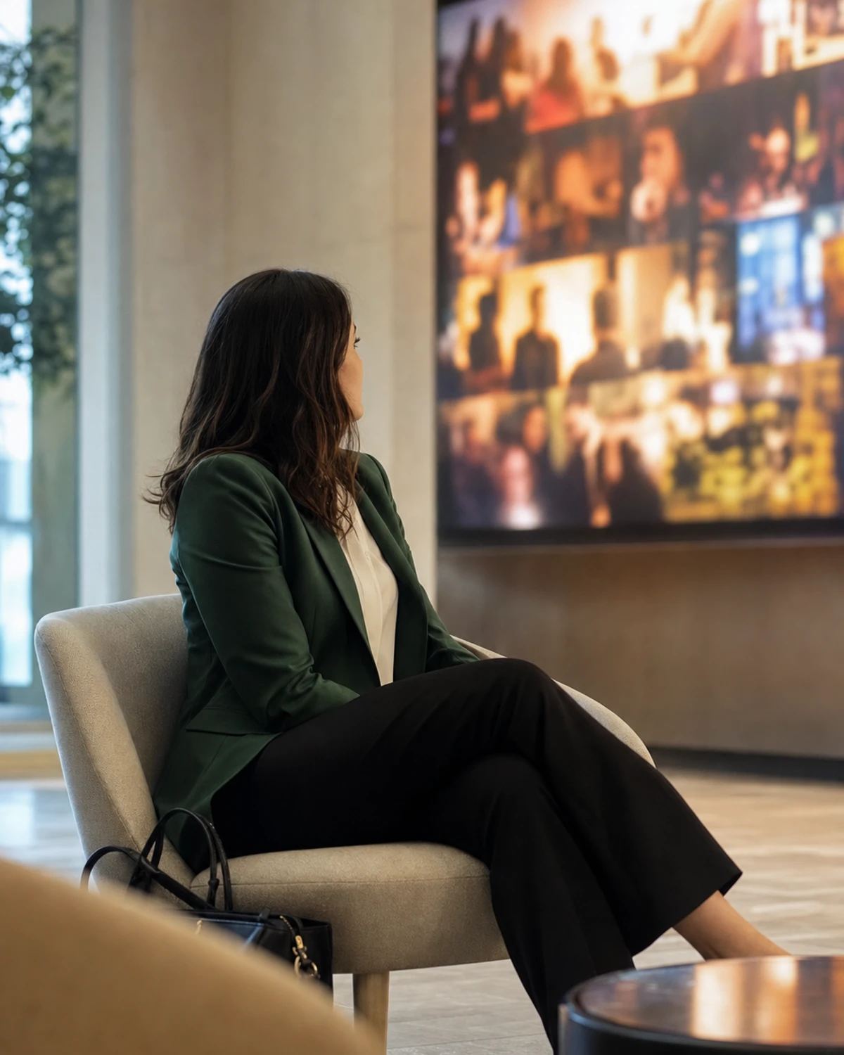 A job candidate seated in a corporate lobby looks up at a glowing wall display while waiting for an interview.