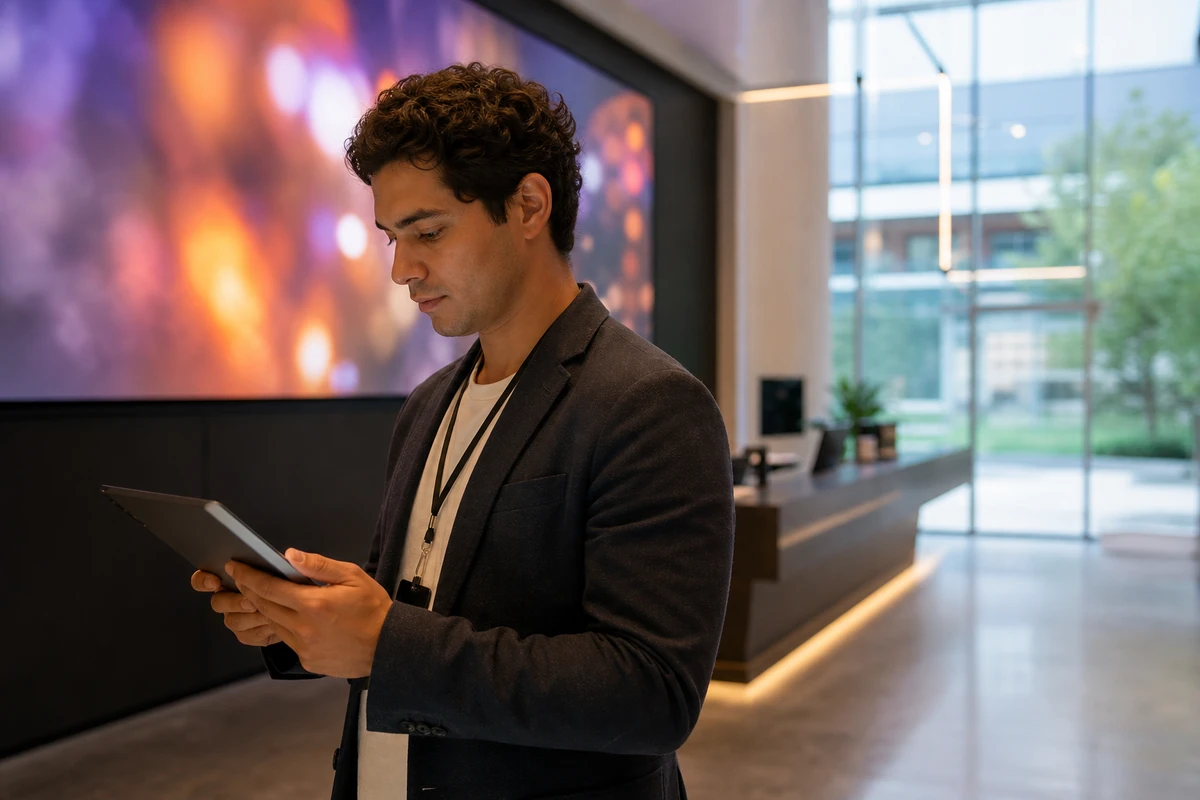 A marketing coordinator updates a corporate lobby display from a handheld tablet, with no vendor or technician present.