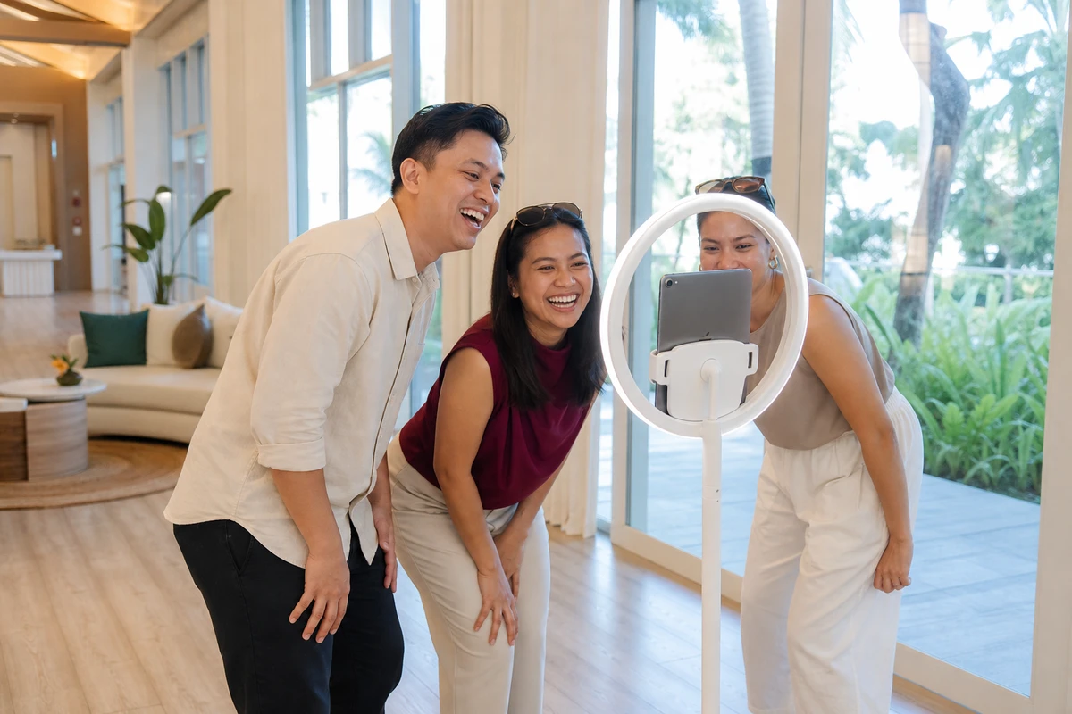 Three colleagues laugh together at a self-service iPad photo station with a ring light during a company retreat.