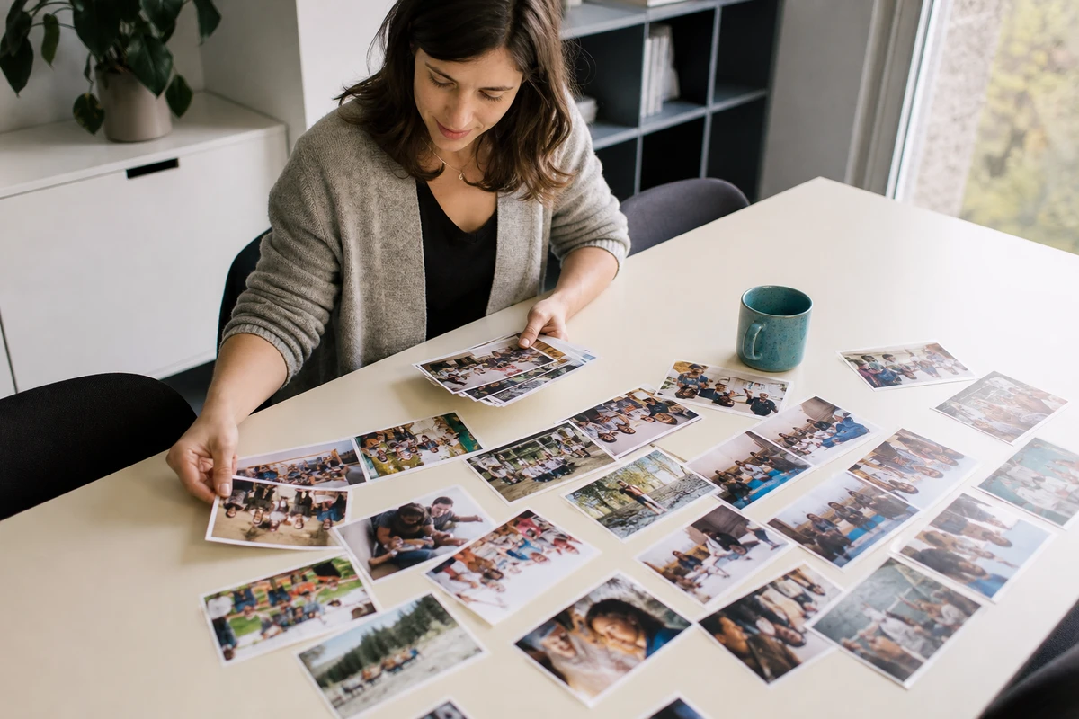 A program owner sorts printed retreat photographs on a table, selecting images to reuse for recruiting and internal comms.
