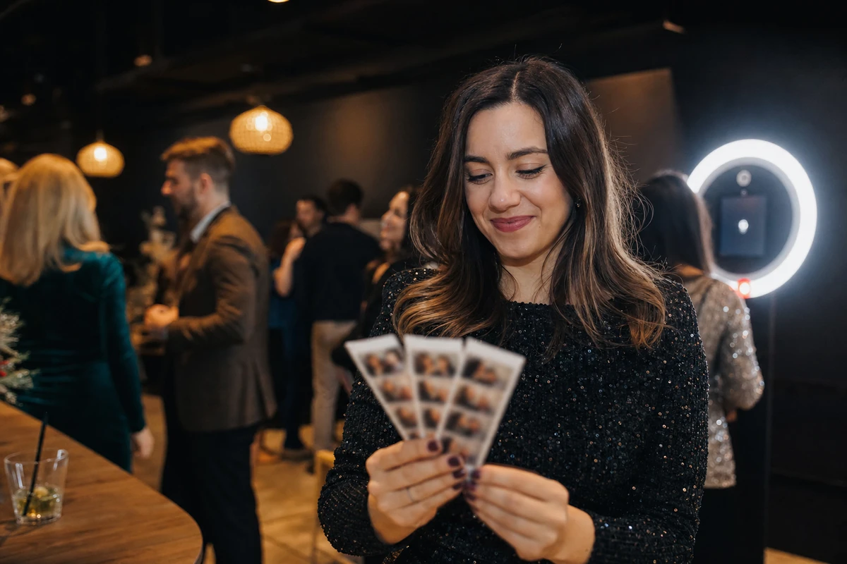 A holiday party guest holds a small fan of freshly printed photo strips, looking at them just after stepping away from the iPad photo station.