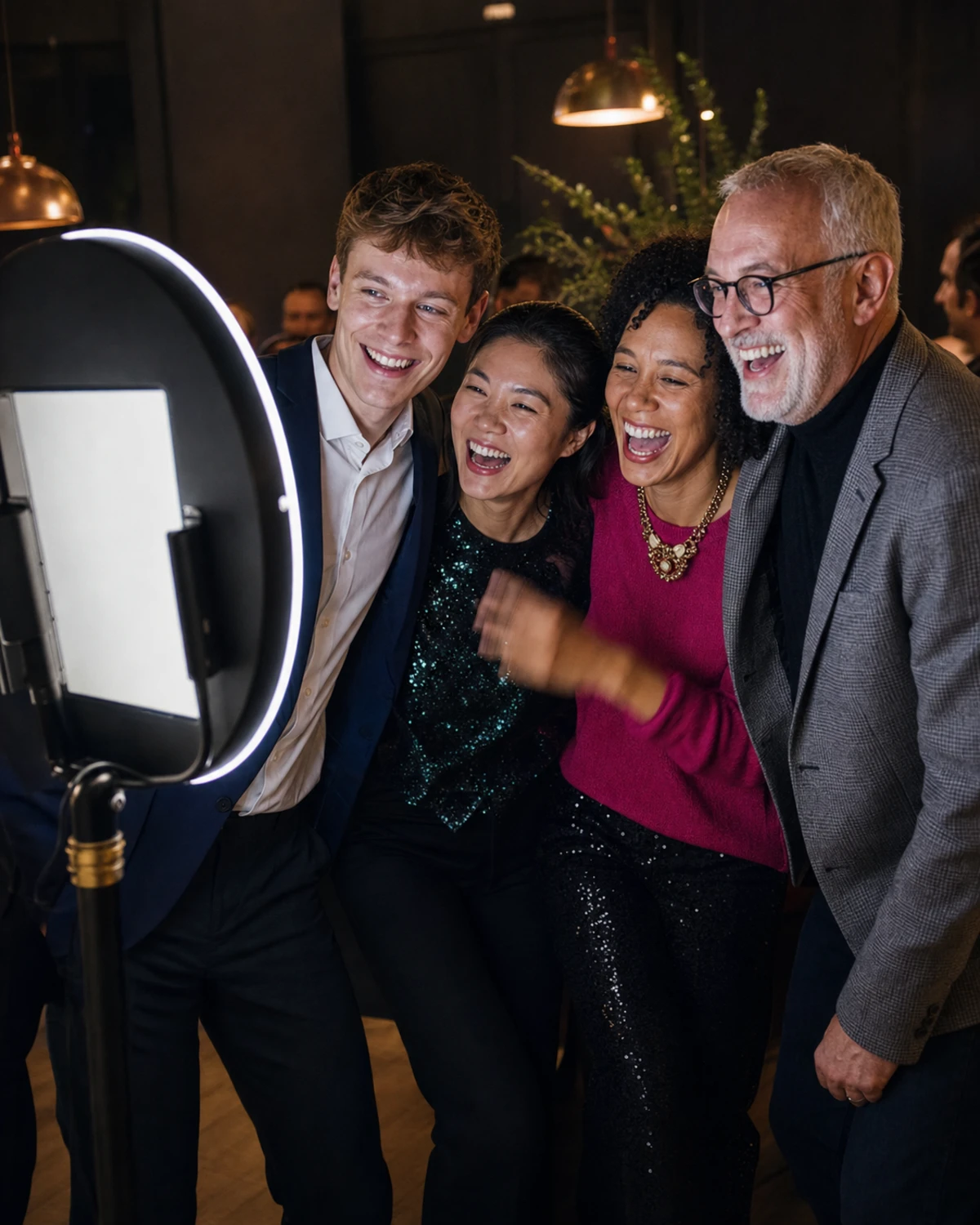 Four colleagues of different ages and roles squeeze together into an iPad photo station's frame at a holiday party, laughing as the photo is taken.