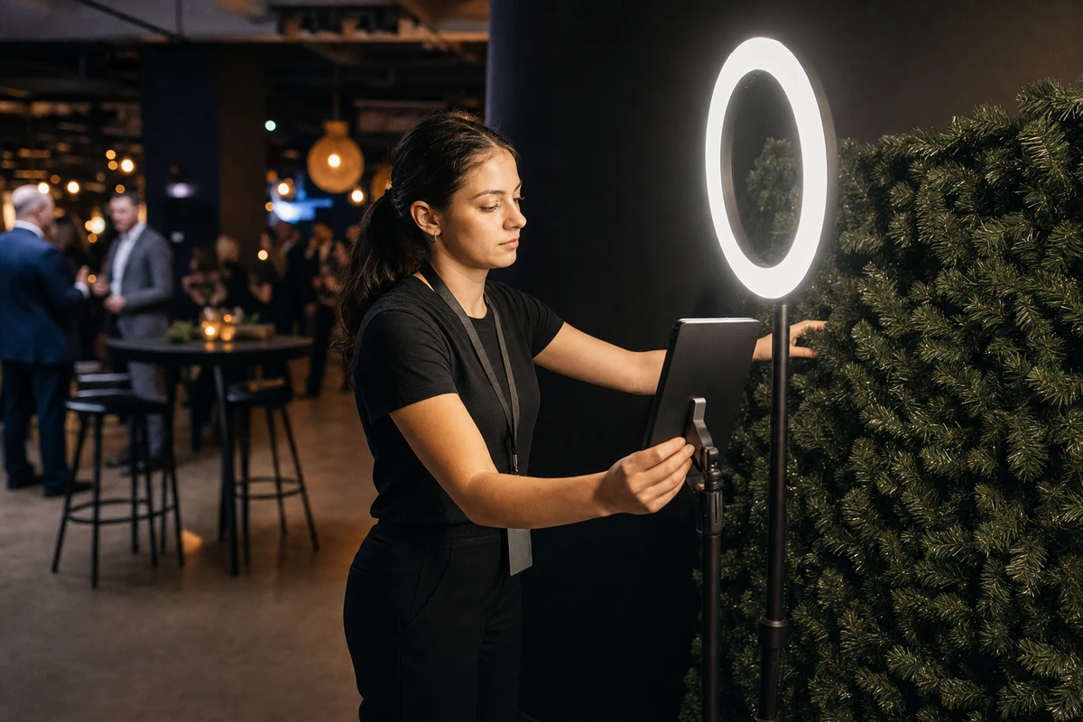 A photo-booth operator in event-staff clothing resets the iPad photo station between sessions at a holiday party, steadying the stand and adjusting the backdrop.