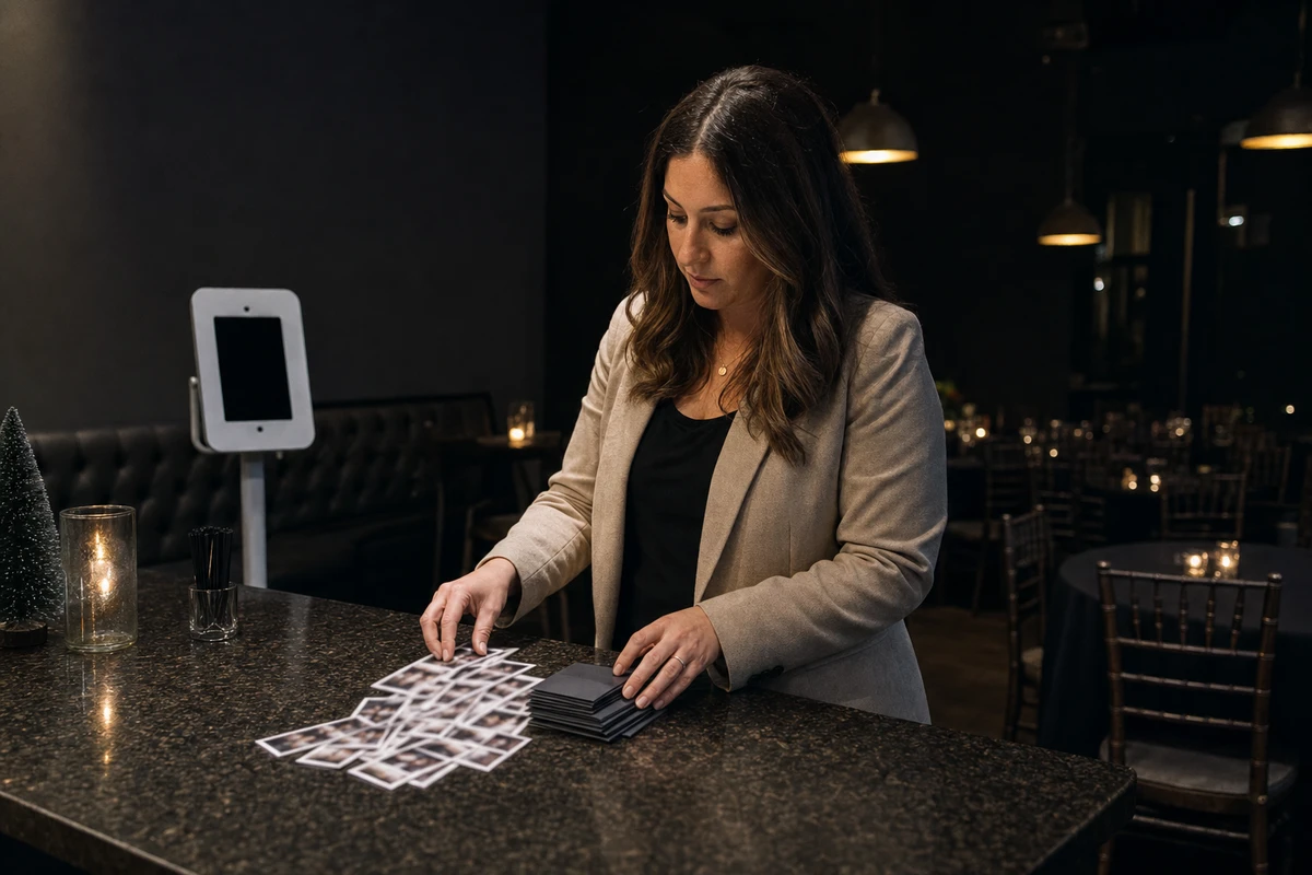 An event organizer gathers the night's printed photo strips and folded message cards into ordered stacks at a side counter as a holiday party winds down.