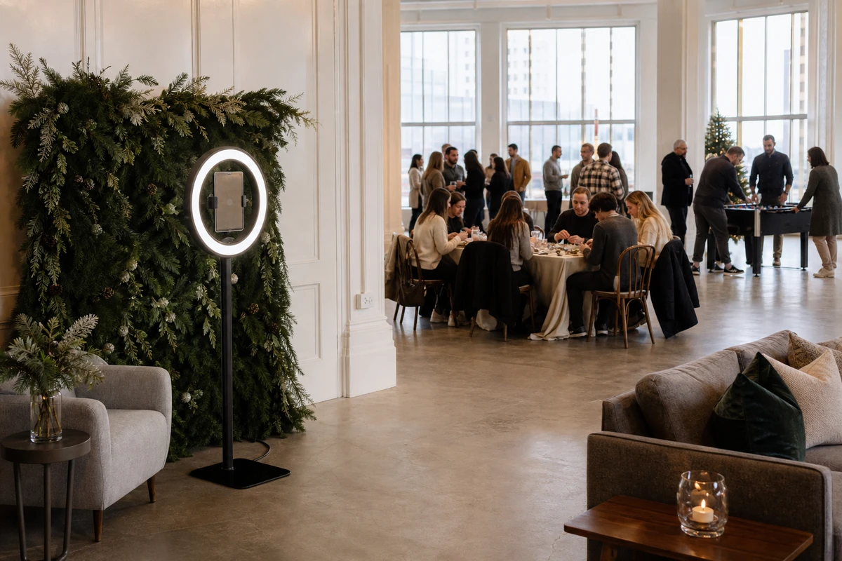 A photo station placed in a lounge corner of a bright event space, with open floor space in front of it and other party activity zones layered behind.