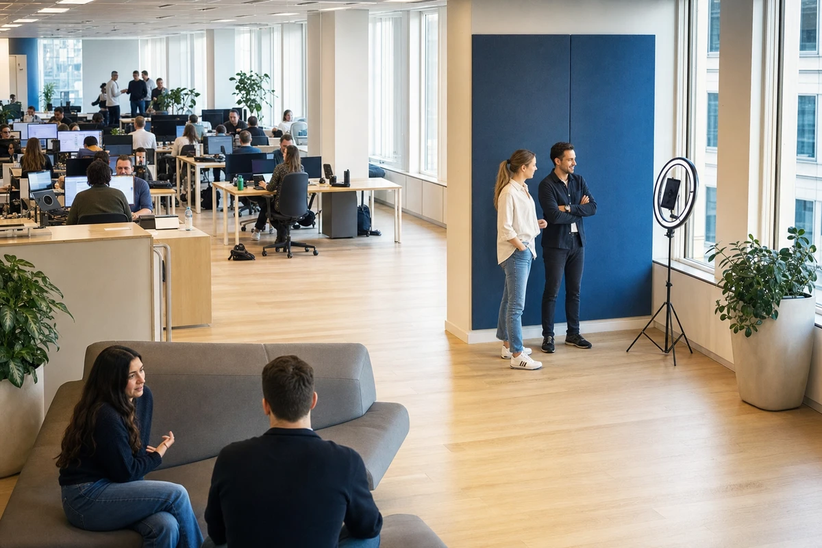 Wide view of an open-plan office floor on the anchor day, with a self-running photo booth placed in a clear lounge corner near the windows.