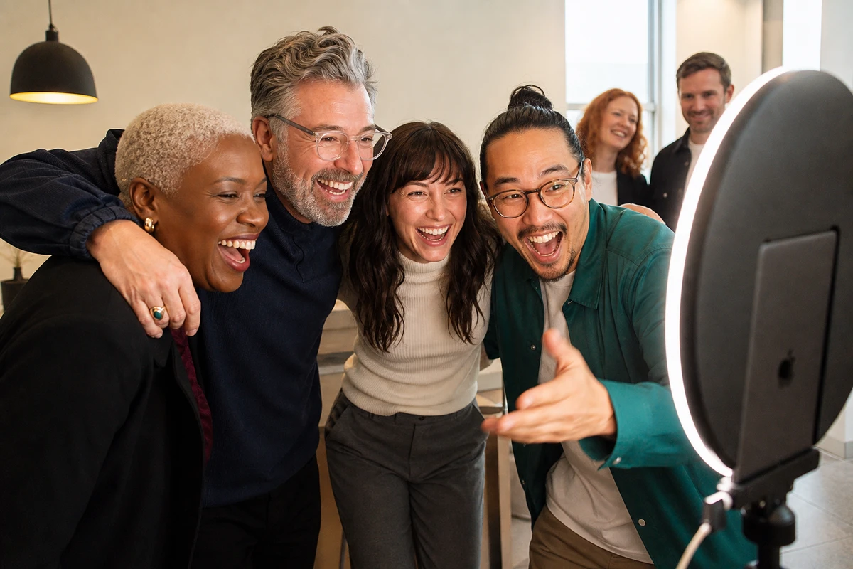 Four colleagues from different teams crowded together laughing in front of an office photo booth's ring light during an anchor-day session.