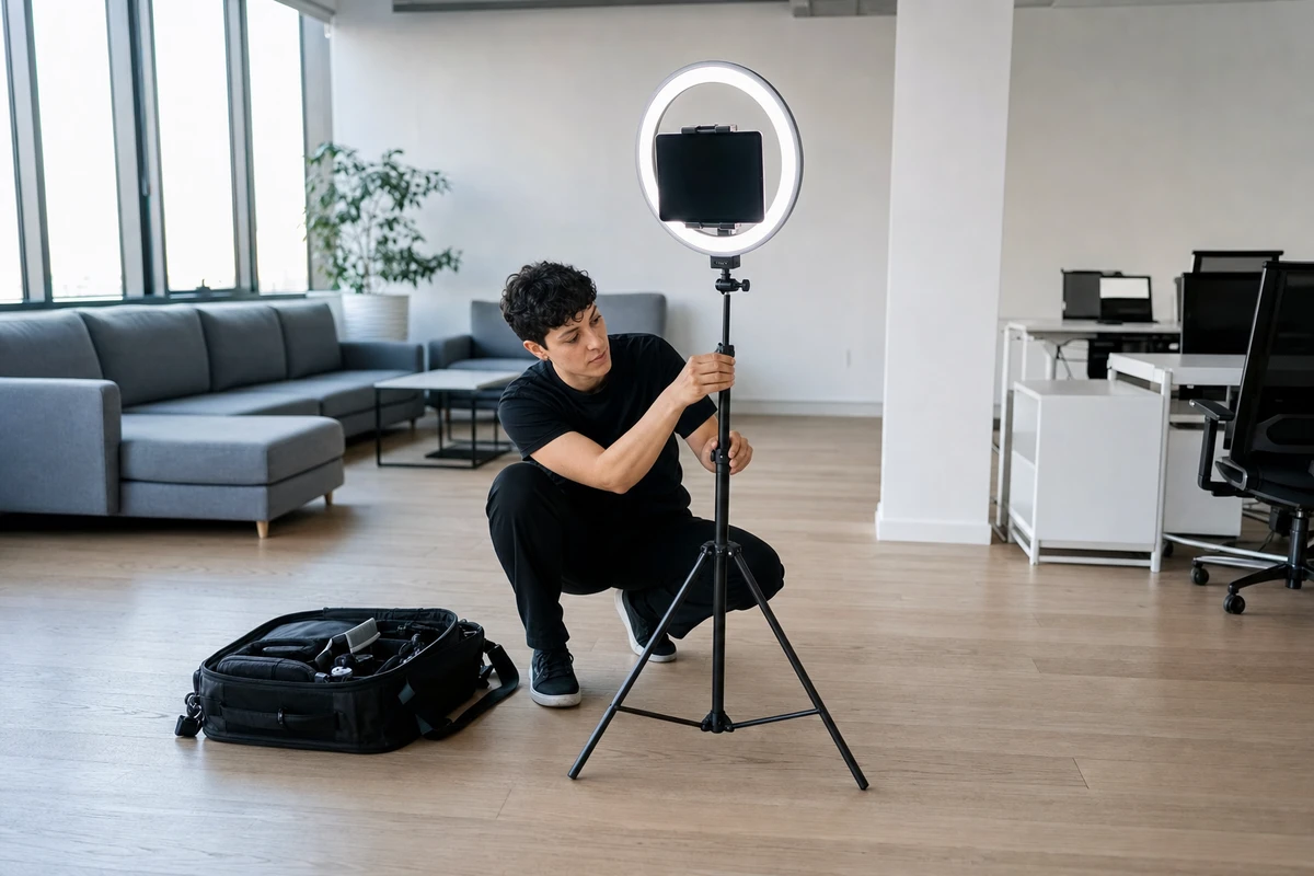 A photo-booth operator kneeling to level an iPad ring-light photo station in a quiet office lounge before the anchor day begins.