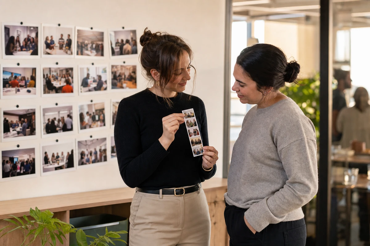 An employee in an office lounge holding up a printed photo strip to show a teammate, with a grid of candid event prints pinned to the wall behind them.