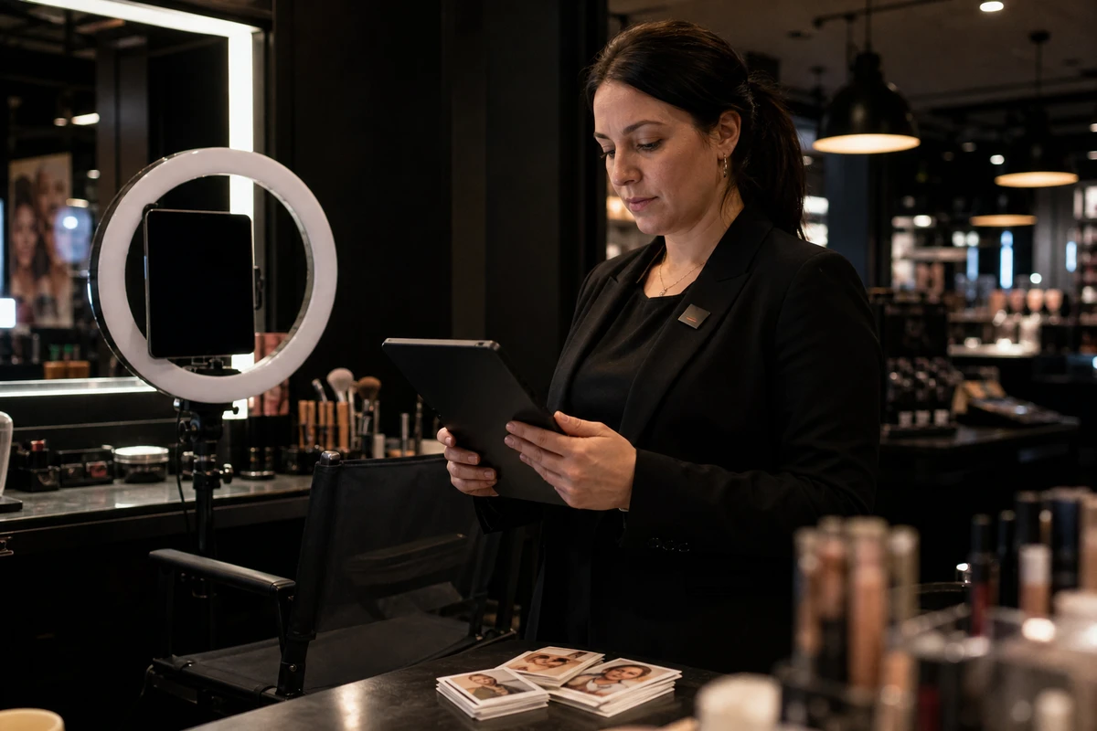 A beauty-counter manager reviews a tablet beside an idle capture station at the end of the day, with a stack of printed photo cards on the counter.