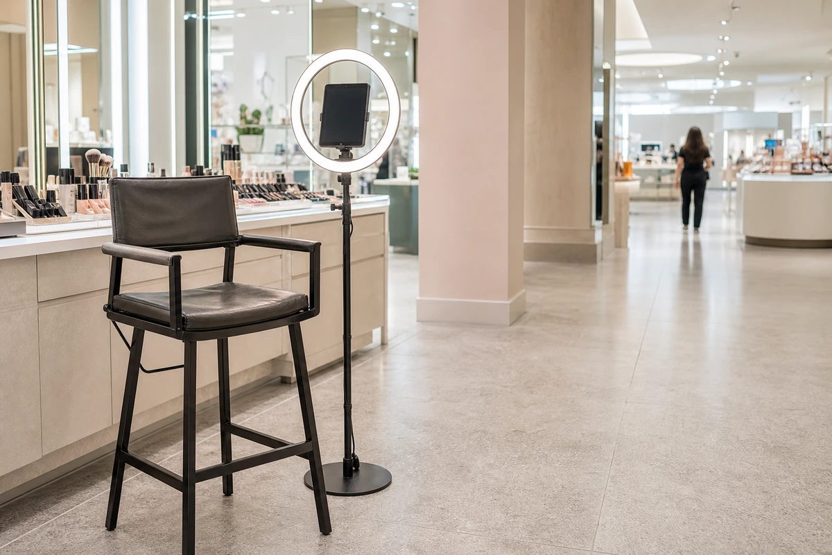An empty makeover chair and an iPad capture station on a ring-light stand placed side by side with clear floor space on a department-store beauty floor.