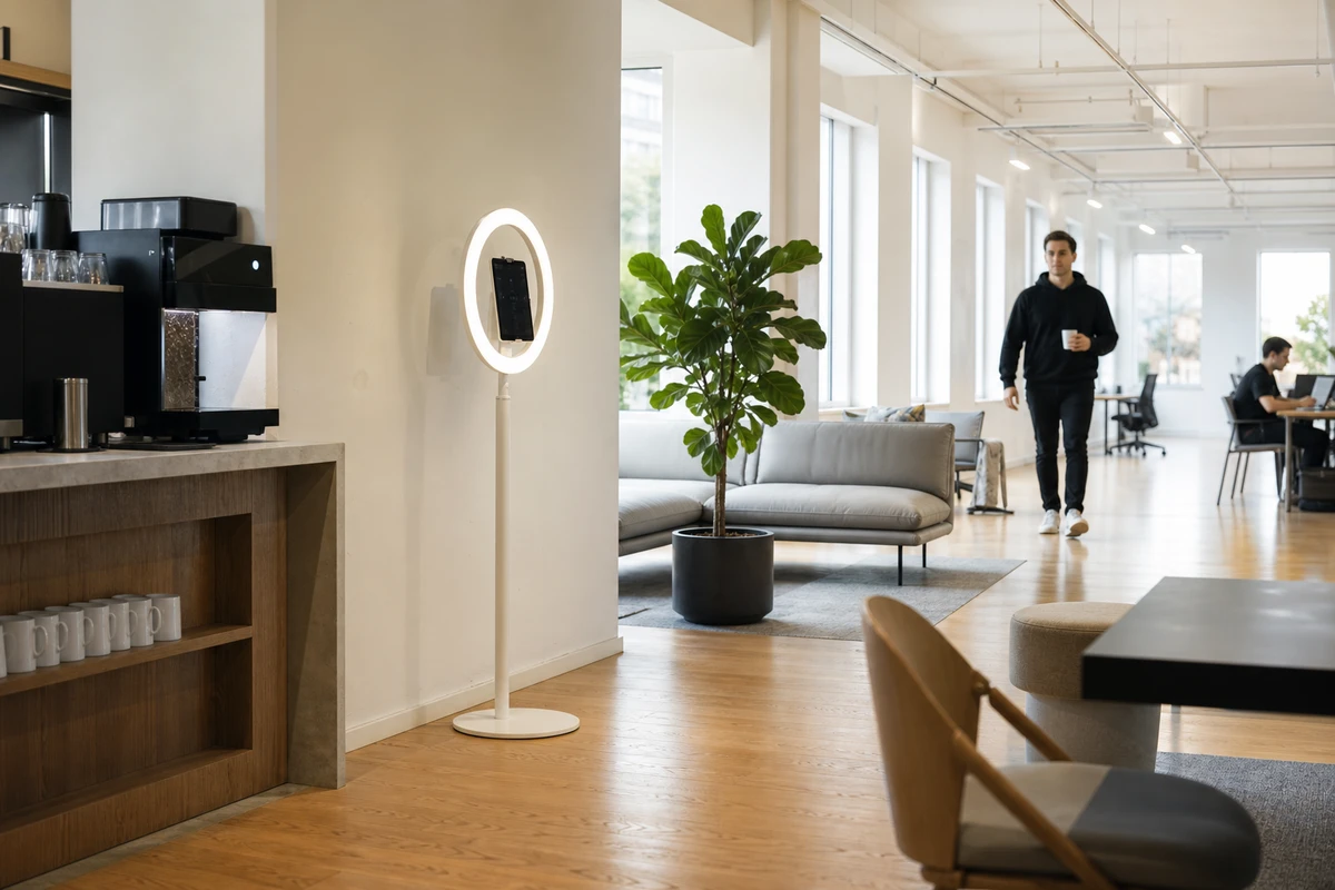A compact self-service open-air photo booth standing unobtrusively in a bright coworking lounge corner near a coffee station, with open floor space around it.