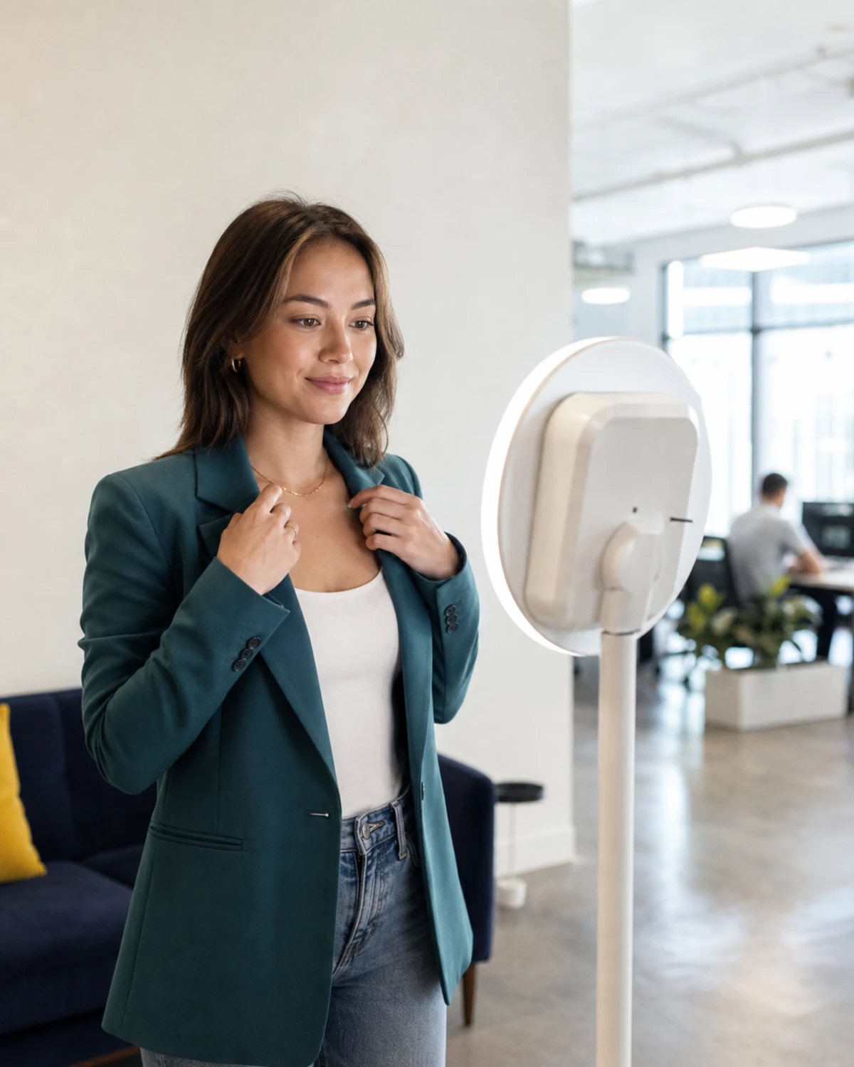 A coworking member posing for a fresh professional headshot at a self-service open-air photo booth, her face evenly lit by the booth's integrated ring light.