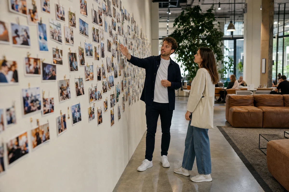 A coworking community manager showing a prospective member a wall densely covered with candid member photos during a tour.