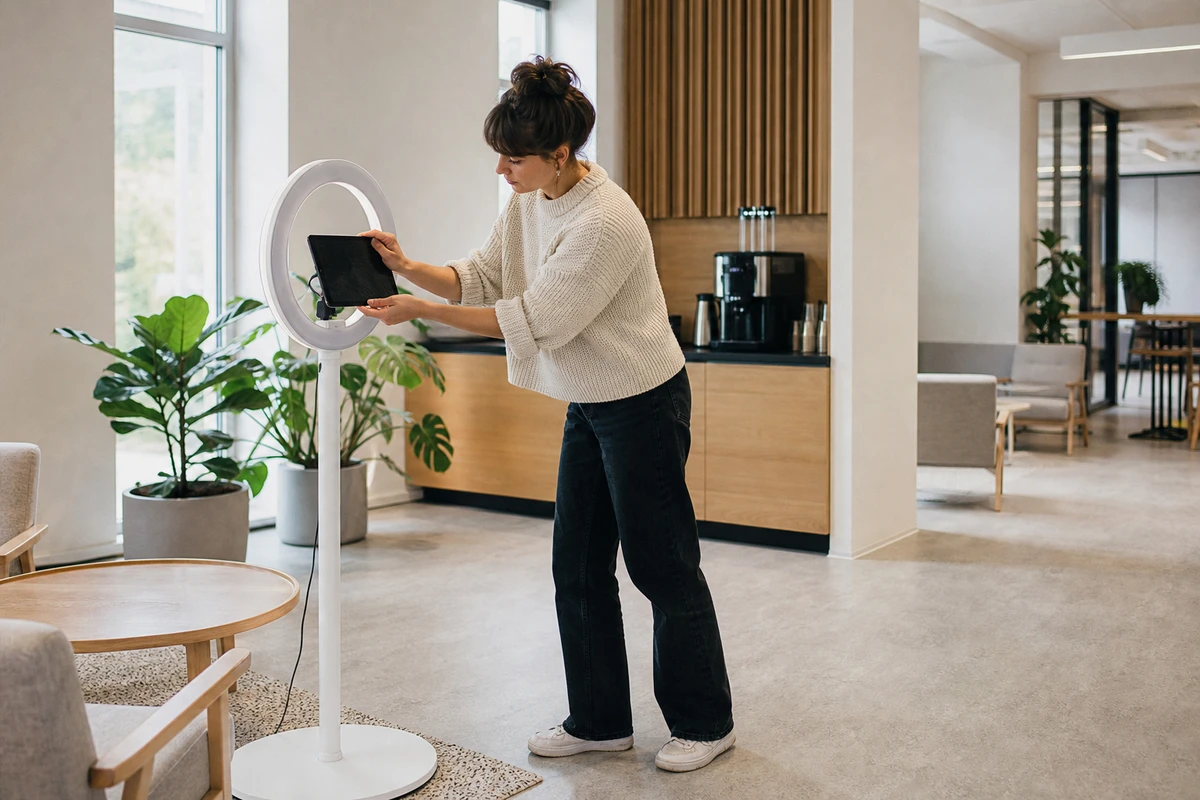 A coworking community manager adjusting the iPad and ring light of a self-service photo booth in an empty lounge before members arrive.