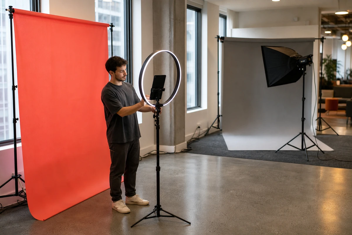 A photo-booth operator adjusting an iPad capture station next to a coral candid backdrop, with the photographer's neutral gray headshot backdrop set up nearby.