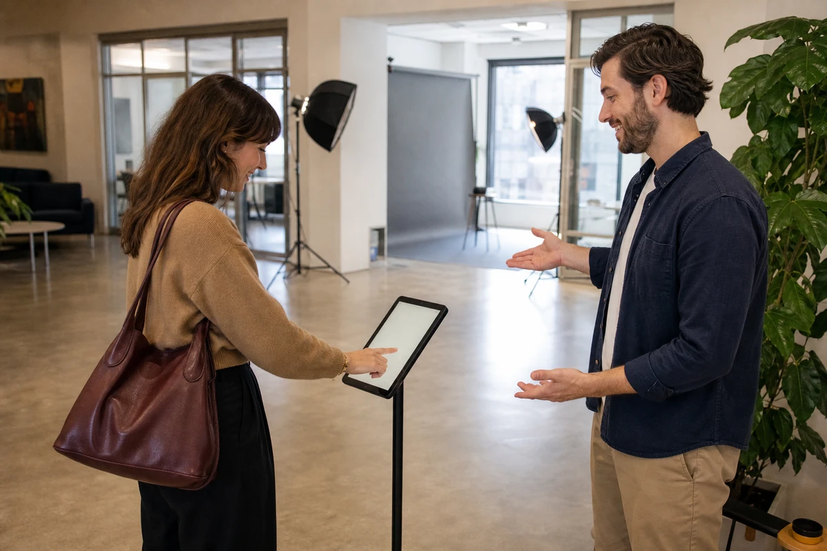 A coworking member checking in at a tablet sign-up station near the entrance while a host welcomes them during a headshot day.