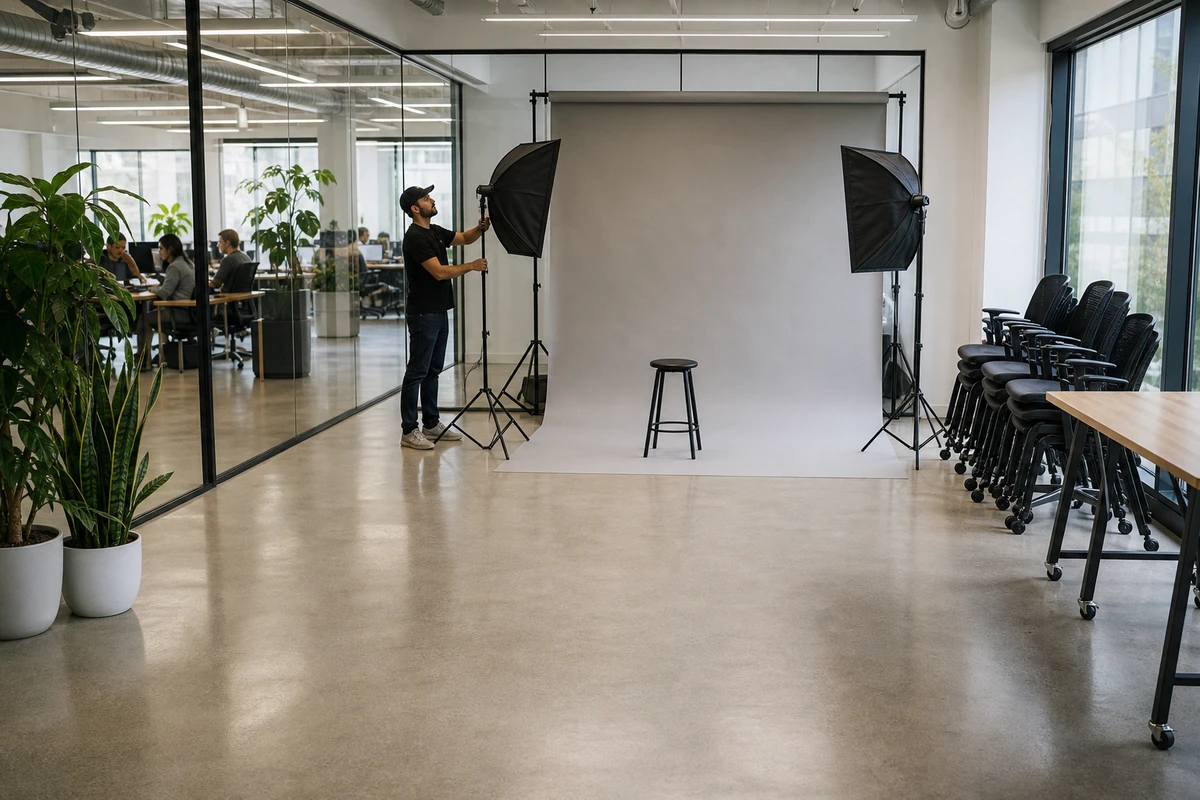 A coworking space conference room cleared and staged with a gray backdrop and two softbox lights, showing the open floor space a headshot station needs.