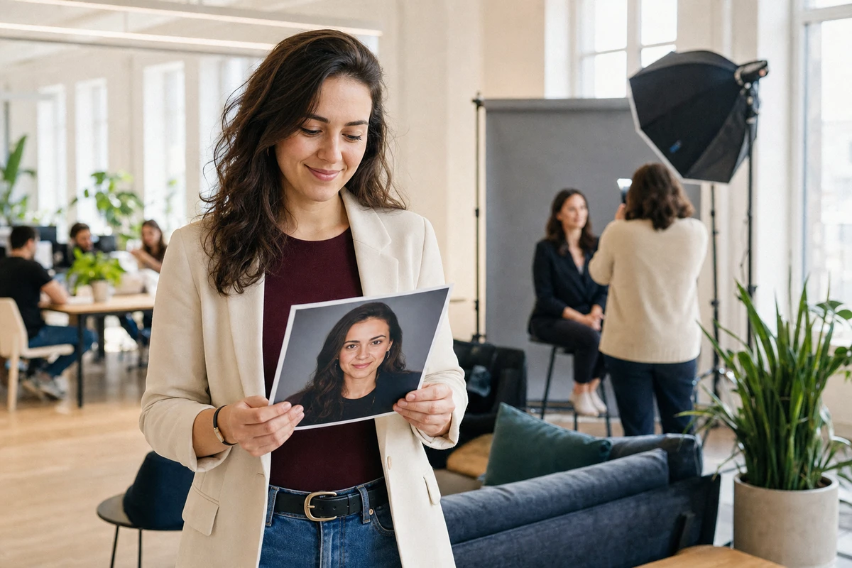 A coworking member holding a freshly printed headshot proof and smiling, standing in the coworking lounge near the headshot setup.