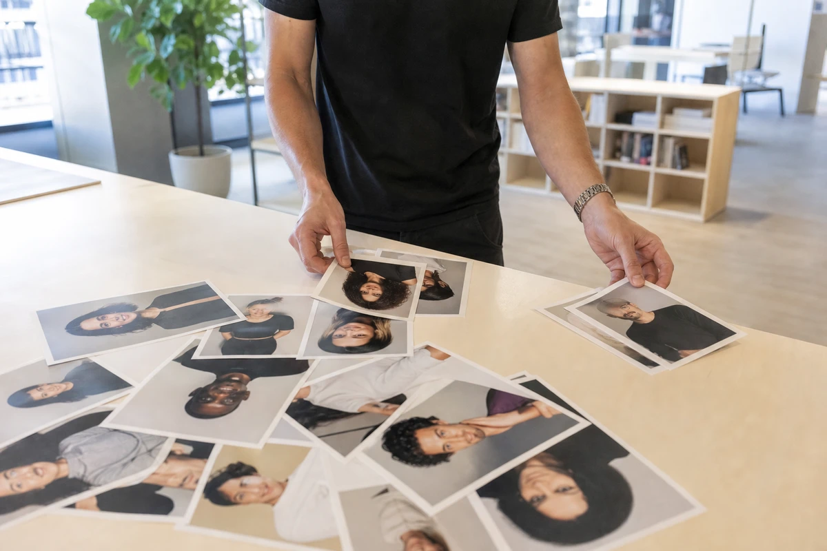 An operator at a coworking space desk sorting a spread of printed headshot proofs, selecting which portraits to publish.