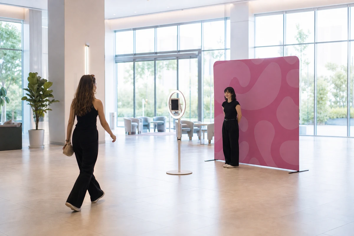 Wide view of a photo-booth activation in a hotel lobby, with the iPad booth standing on open floor in front of a separate physical backdrop wall.