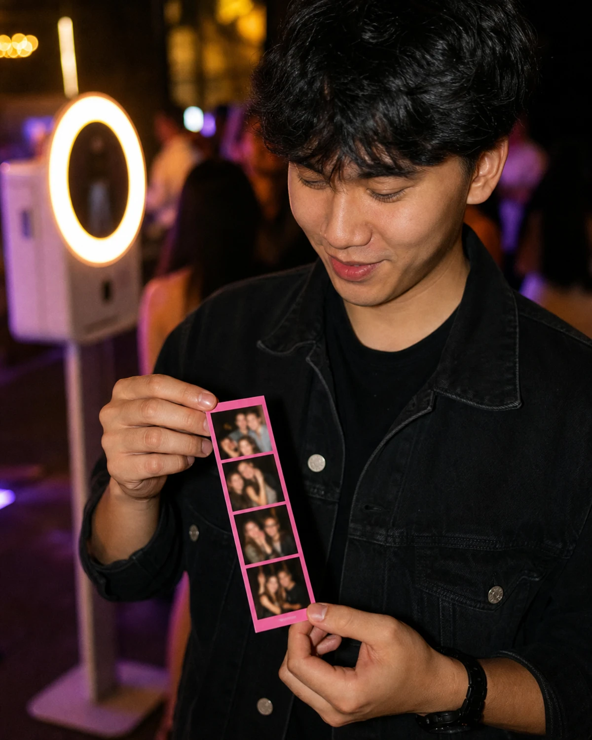 A guest holding a freshly printed vertical photo strip in both hands at a brand activation.