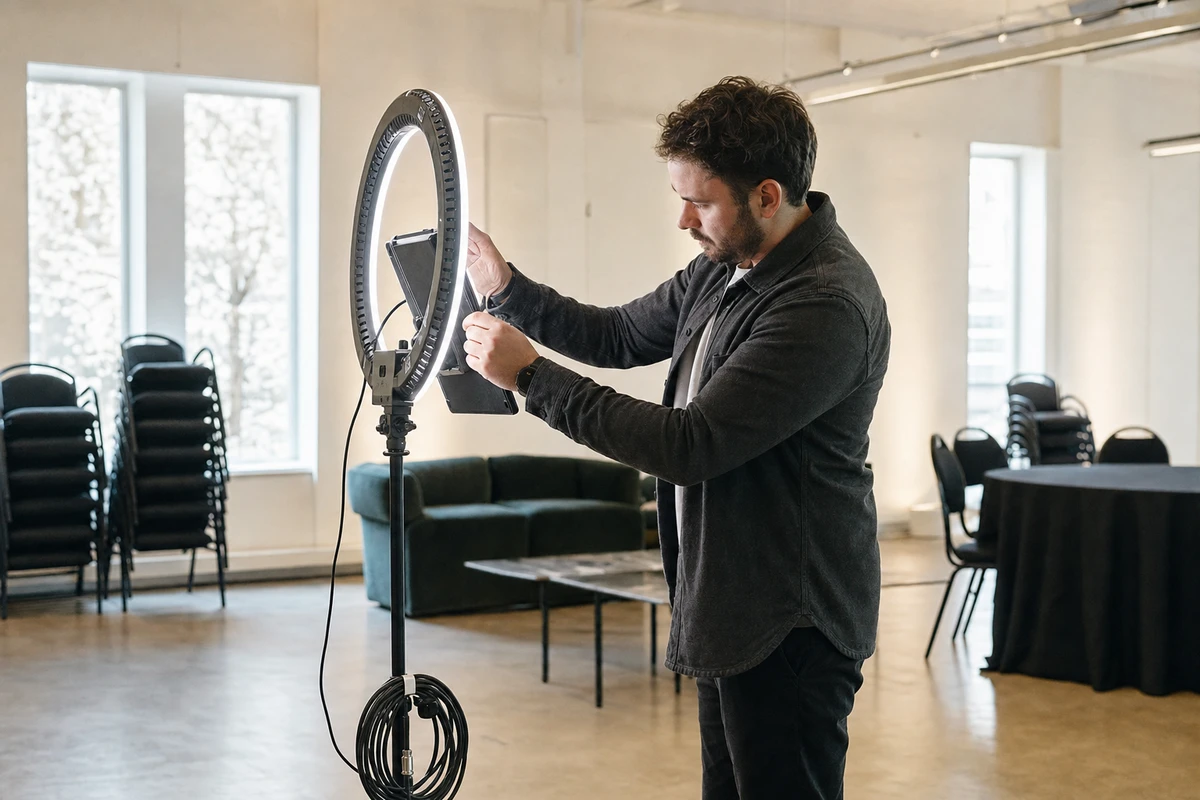 A photo-booth operator adjusting the iPad on its ring-light stand in an empty venue before an event opens.