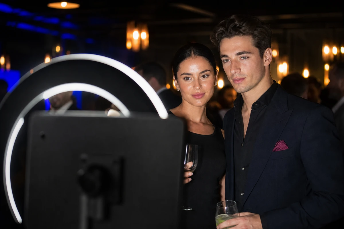 Two guests posing in front of an iPad photo booth as its ring light captures their session at an evening activation.