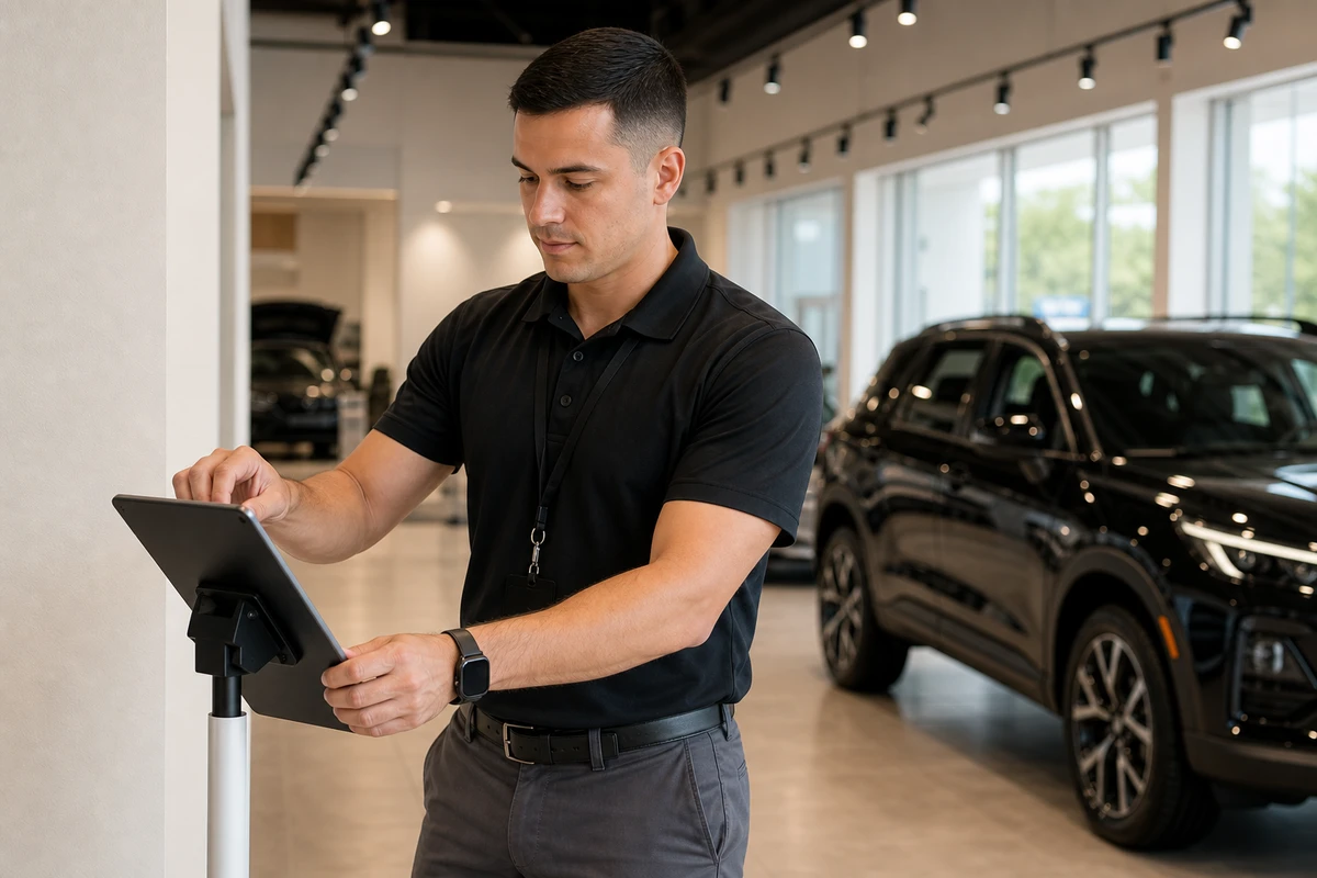 A dealership delivery coordinator adjusts the tablet on a compact showroom photo booth between guest sessions.