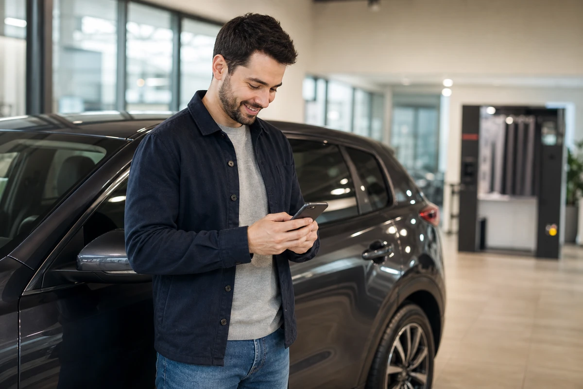 A new-car owner stands beside their vehicle on a dealership showroom floor, looking at the branded delivery photo that just arrived on their phone.