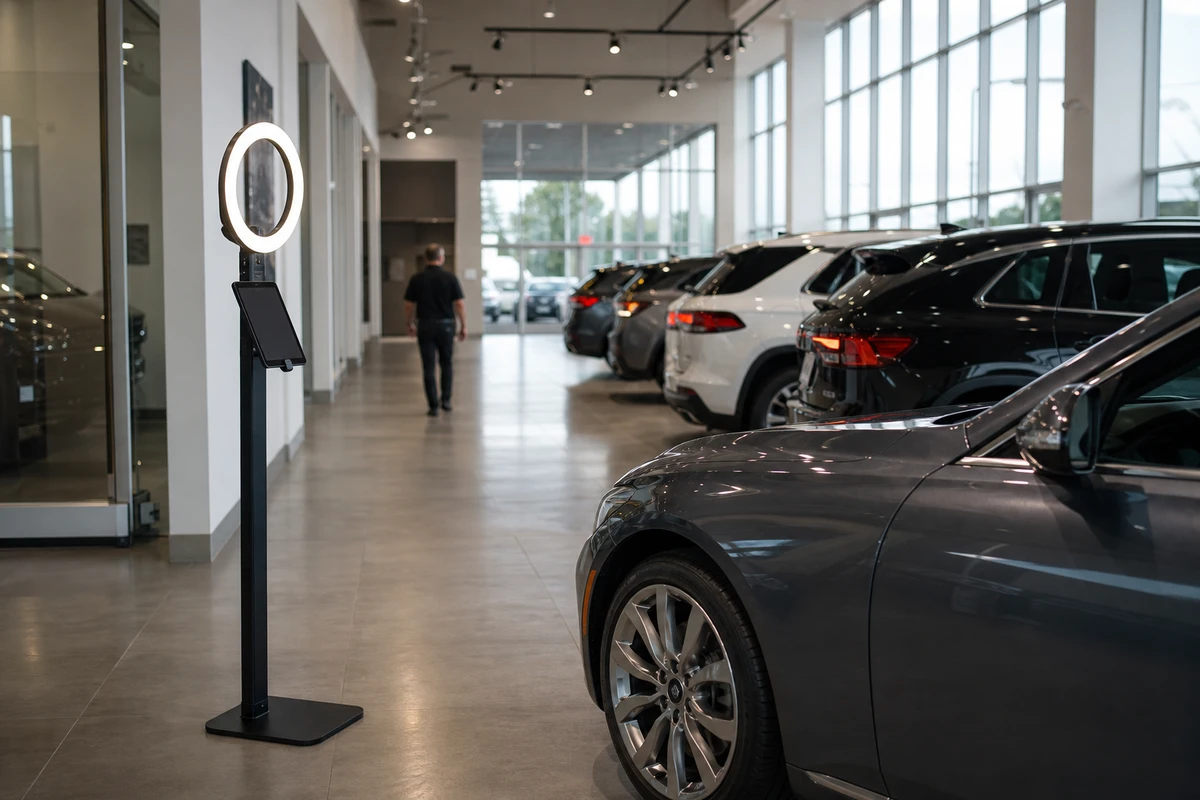 A compact iPad open-air photo booth stands along the perimeter of a car dealership showroom floor near a row of new vehicles, with clear floor space around it.