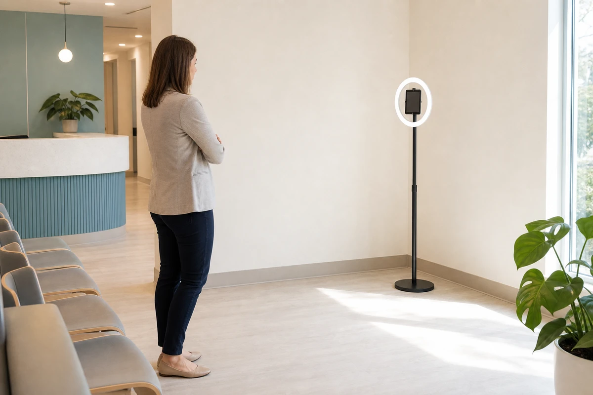 A dental practice office manager studies a photo booth positioned against a blank wall in an open corner of the waiting room, away from desk screens.