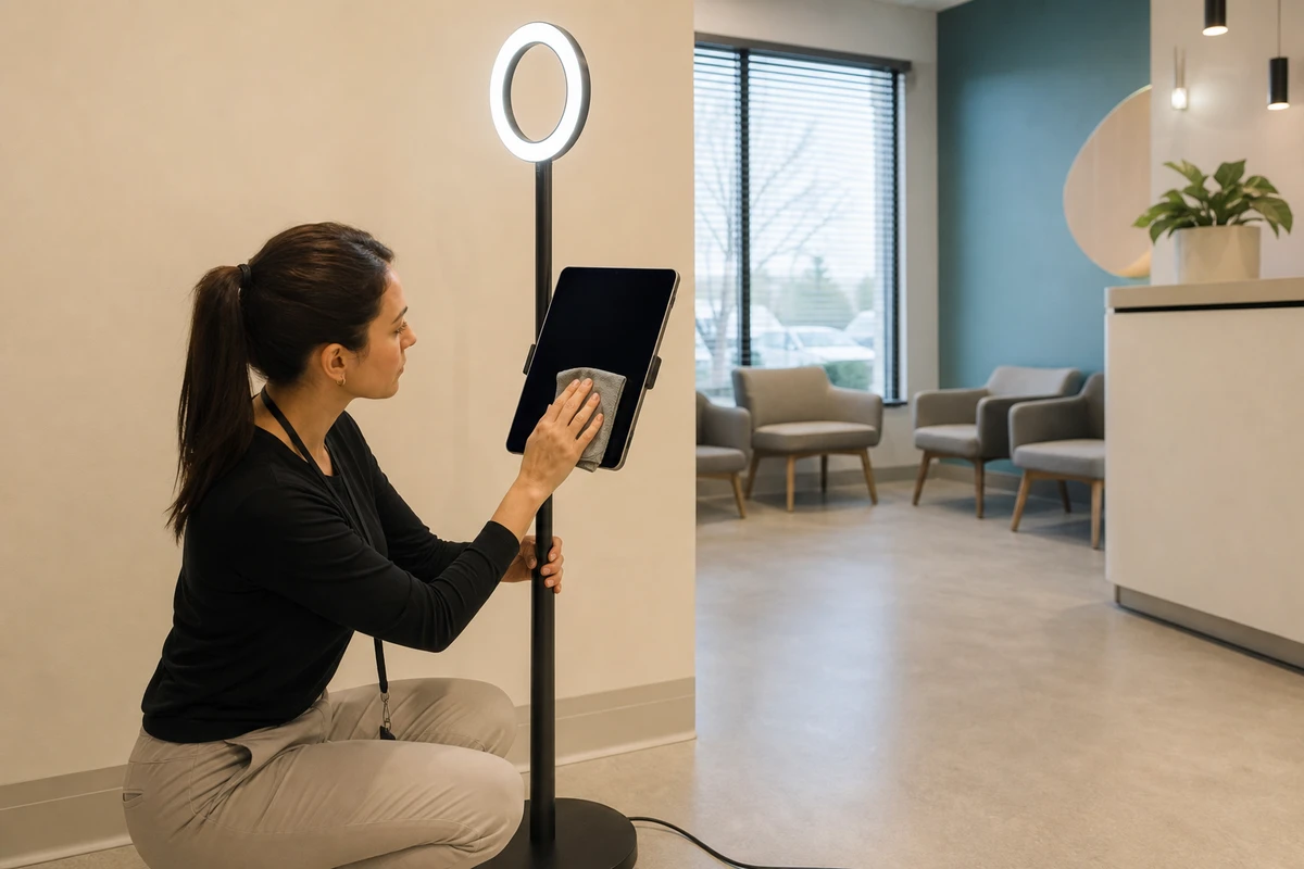 A front-desk staffer crouches beside a lobby photo booth in an empty dental office, wiping the screen during a morning reset.