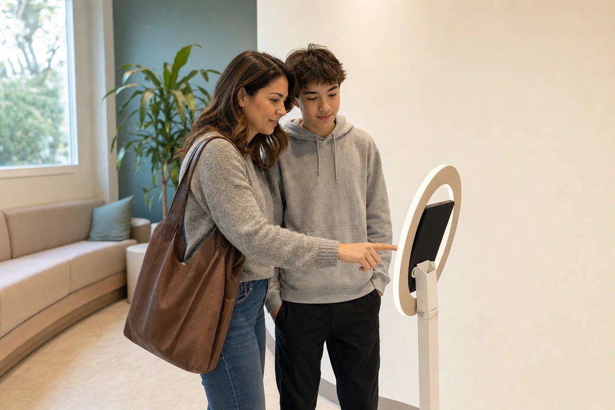 A parent and teenage patient stand together at a lobby photo booth in a dental practice as the parent taps the booth to start the session.