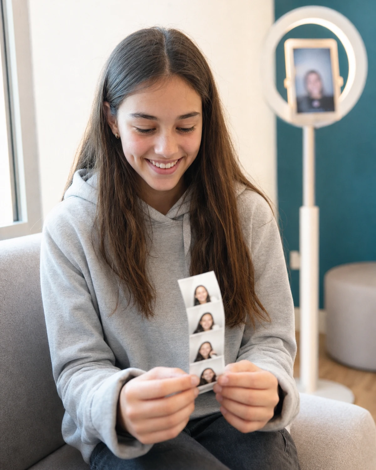 A teenage dental patient sits in the waiting area smiling at a freshly printed photo strip held in both hands.