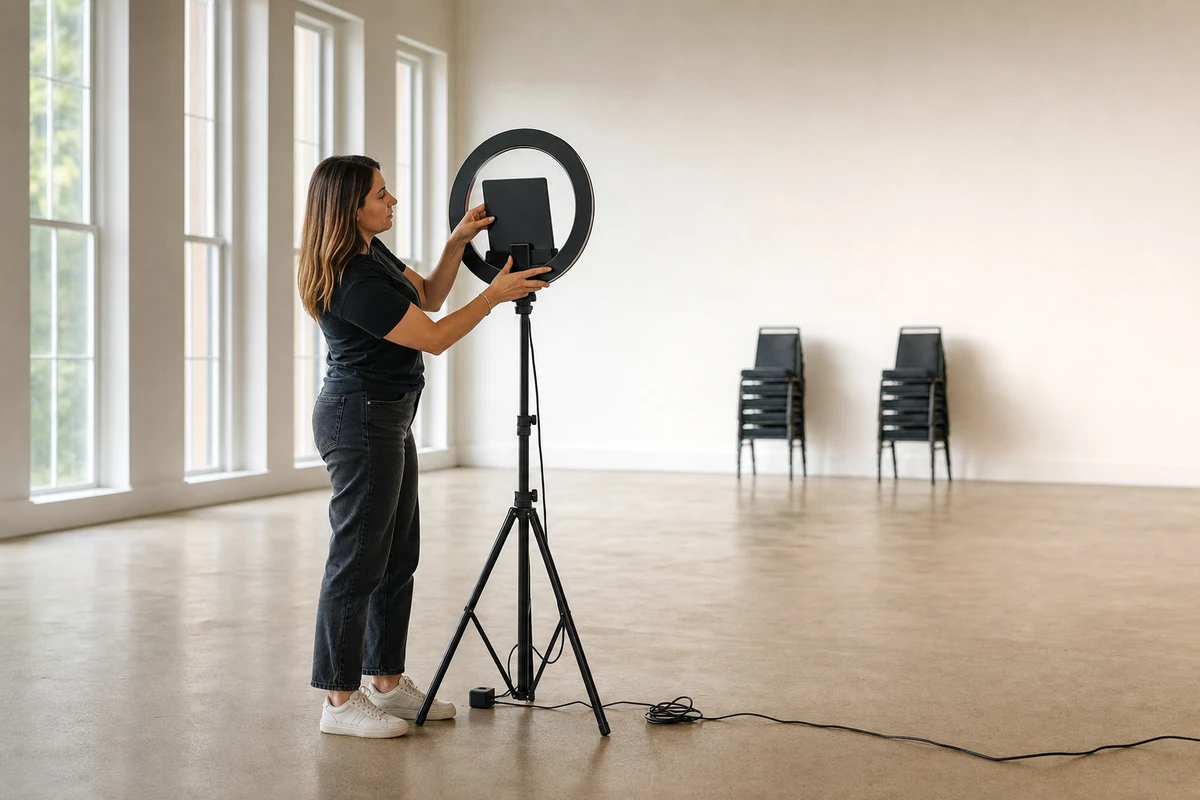 A photo-booth operator seating an iPad into a ring-light stand in an empty event space before doors open.