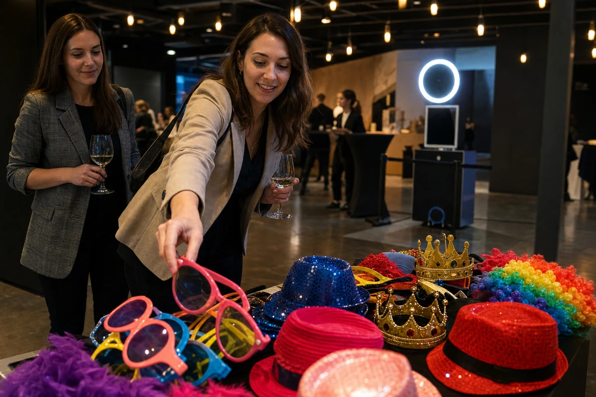 A guest reaching across a prop table of oversized glasses, foam crowns, and fun hats near a photo booth at a corporate activation.