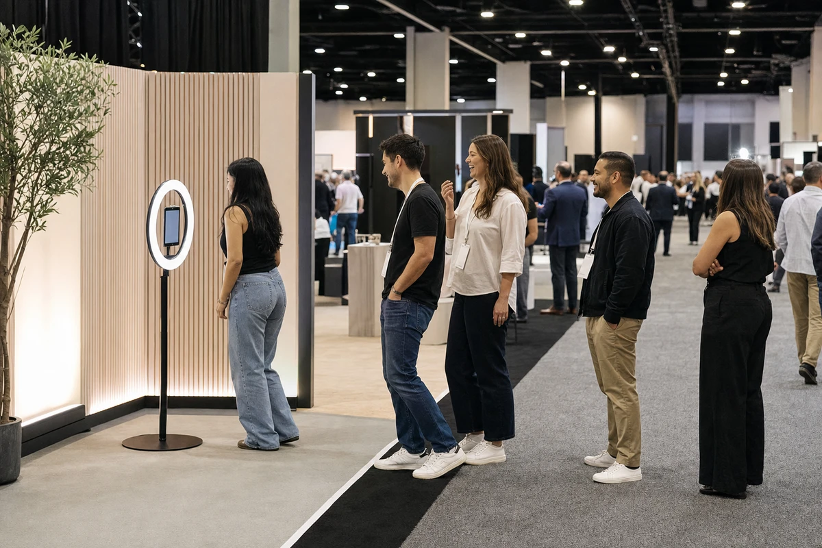 A wide view of a trade-show floor with attendees queuing at an iPad photo booth set in an activation footprint along the aisle.