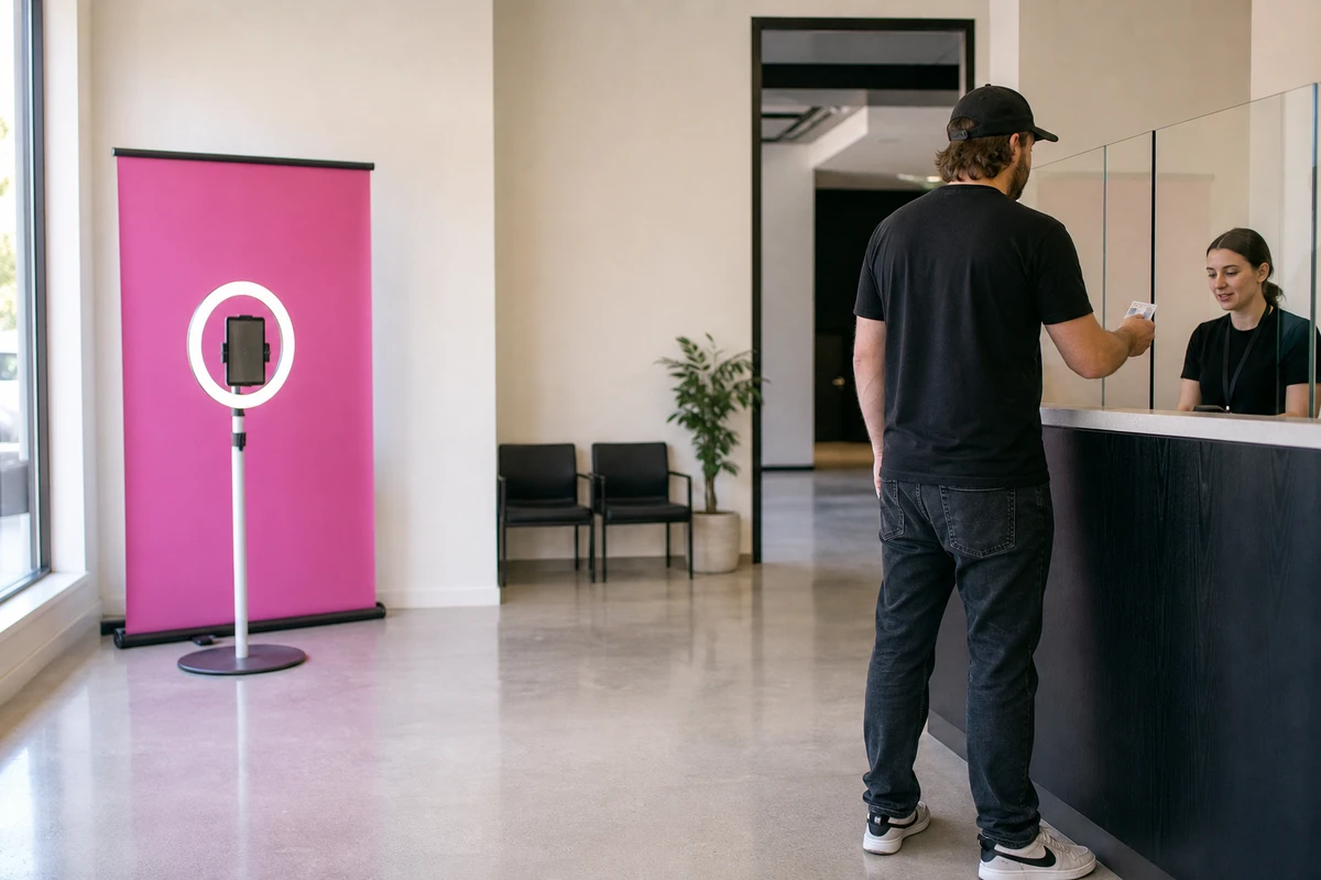 Wide view of a dispensary reception and waiting area showing an open-air tablet photo booth against the wall with clear floor space, a customer at the check-in desk.