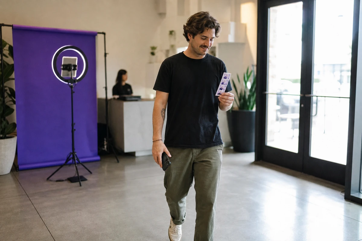 A dispensary customer walks toward the entrance holding a freshly printed photo strip after a photo booth session, phone in the other hand.