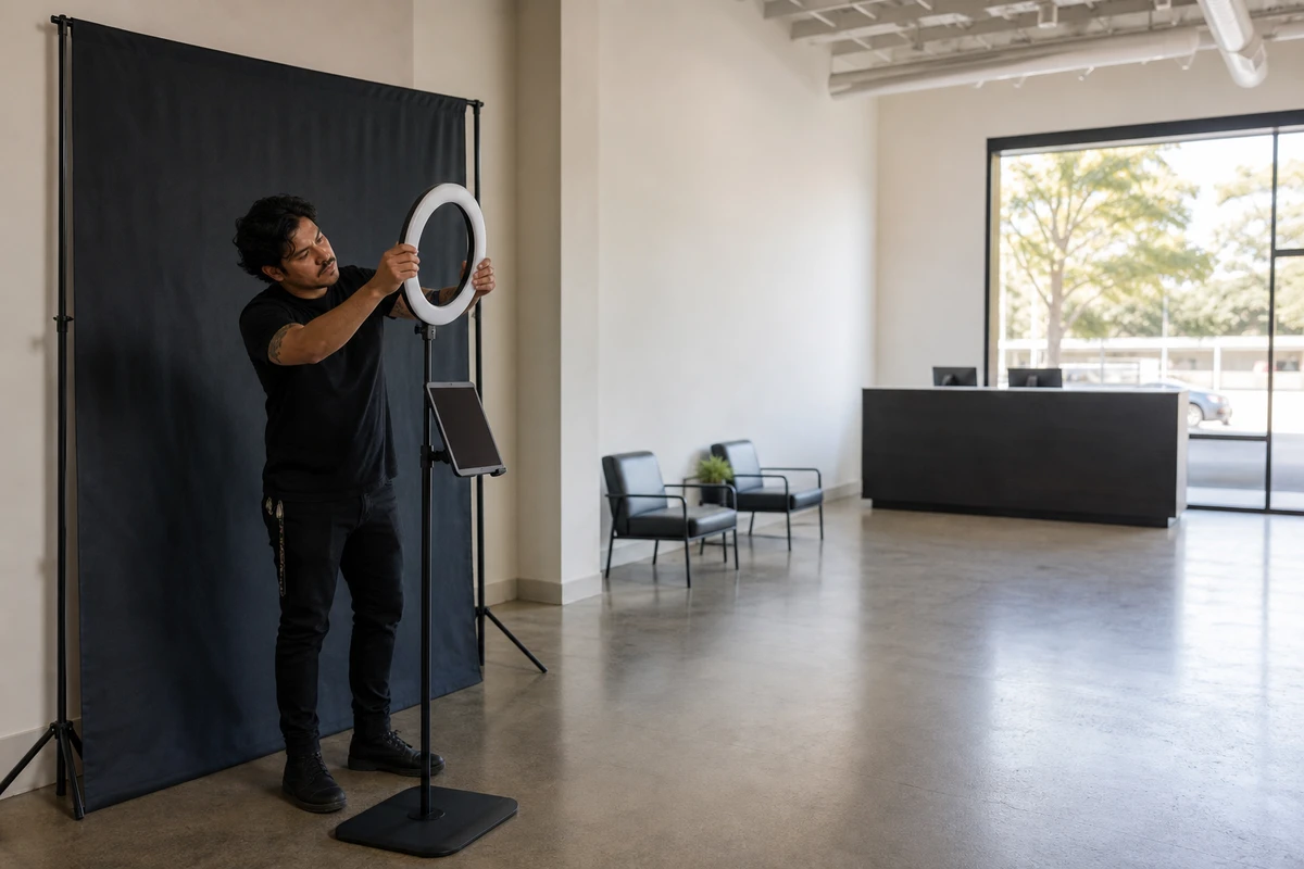 An operator adjusts the ring light on an open-air tablet photo booth in an empty dispensary reception area before opening.