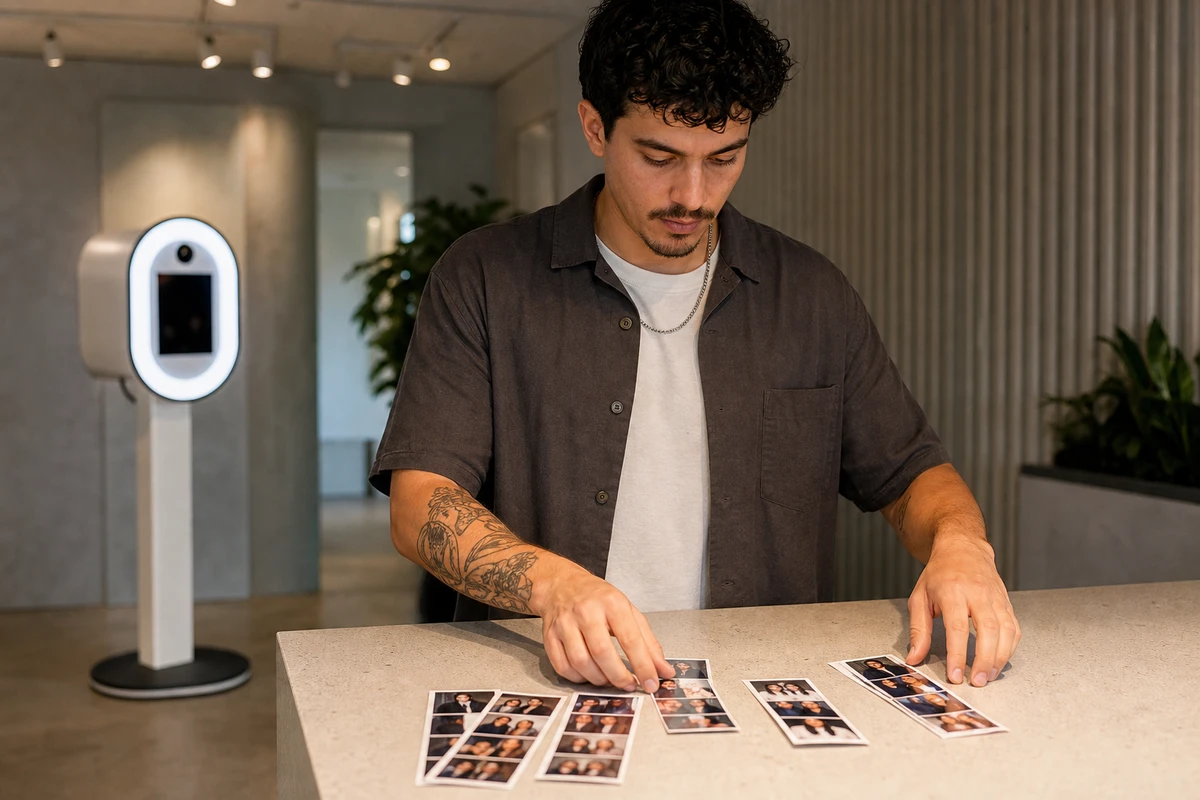 A dispensary venue manager sorts freshly printed photo strips on the reception counter, deciding which images may be reused.