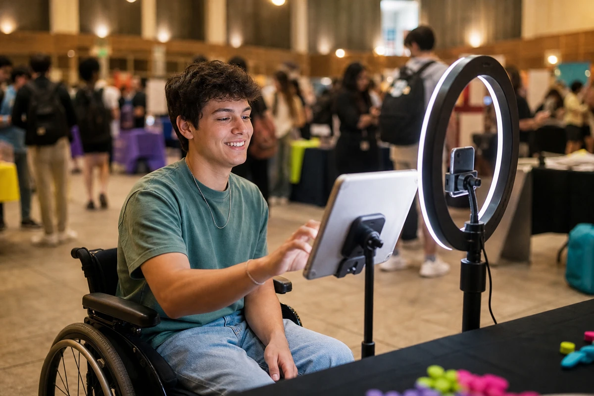 A college student using a wheelchair reaches the touchscreen of an open-air photo booth set at an accessible height during a campus club fair.
