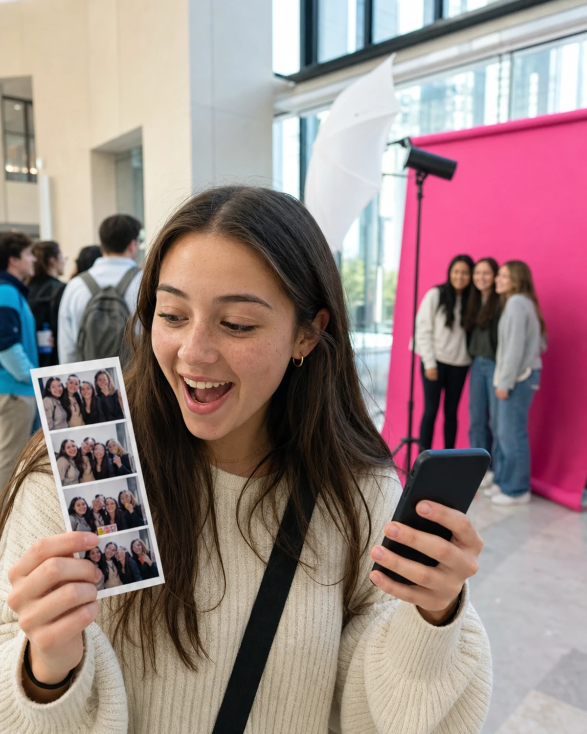 A prospective student at an admitted-students day looks at a freshly printed photo strip while a digital copy arrives on their phone, with a campus-branded photo booth behind.