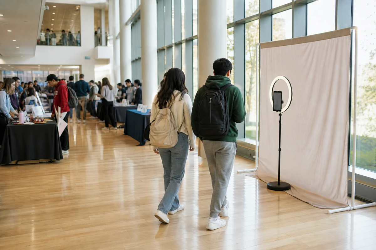 An open-air photo booth set in a clear corner of a sunlit student union concourse during a club and organization fair, with open floor space around it.